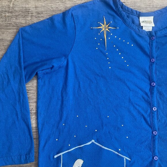 VTG 90s Collections Etc Blue Christmas Baby Jesus Manger Wisemen Cardigan Sz 2XL - Picture 3 of 7